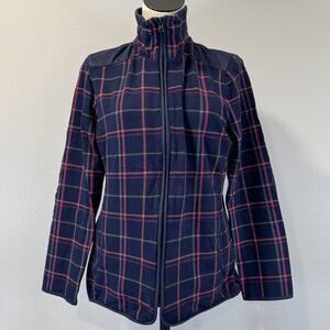 T by Talbots Womens Jacket Size Medium Tattersall Plaid Full Zip Navy Blue